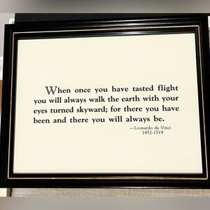 Framed Flight quote inspired by Leonardo da Vinci. Black and gold frame.